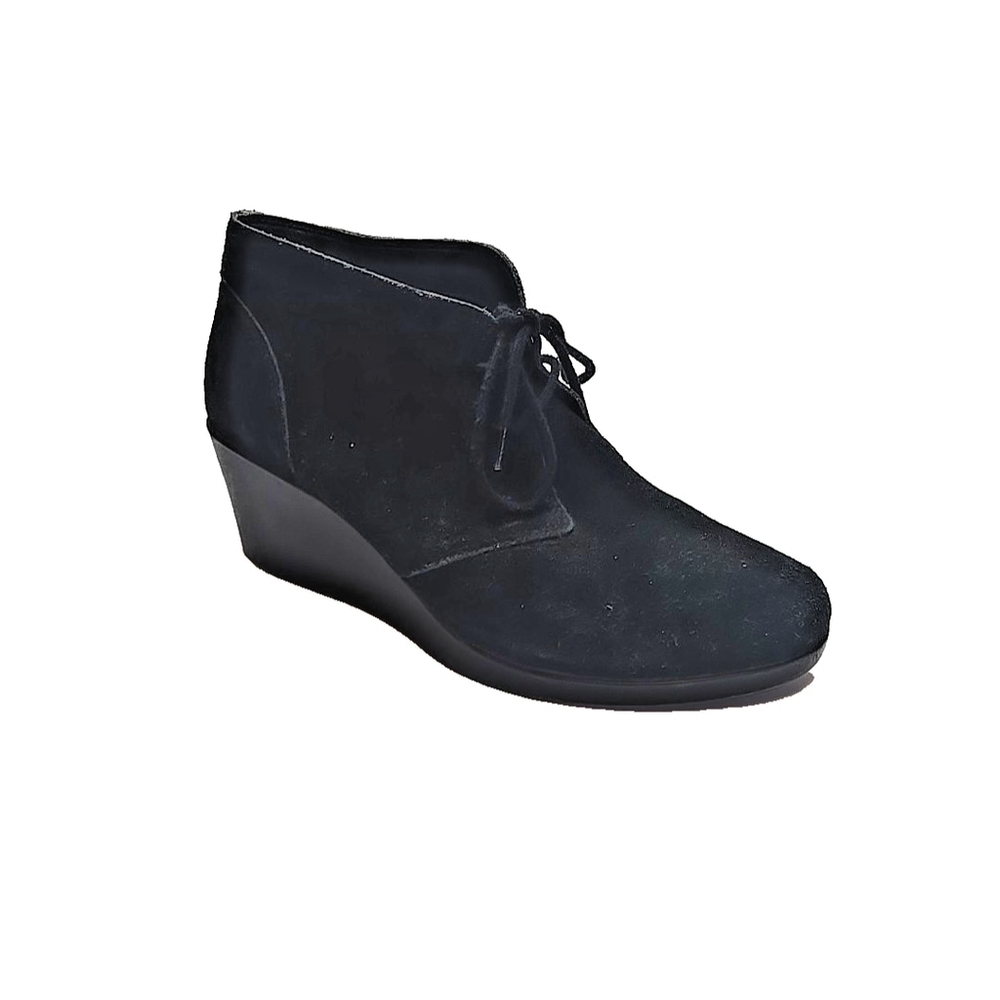 Crocs Women's Black Sude Leigh Lace-Up Wedge Ankle Boots Size 9.5 Wide
